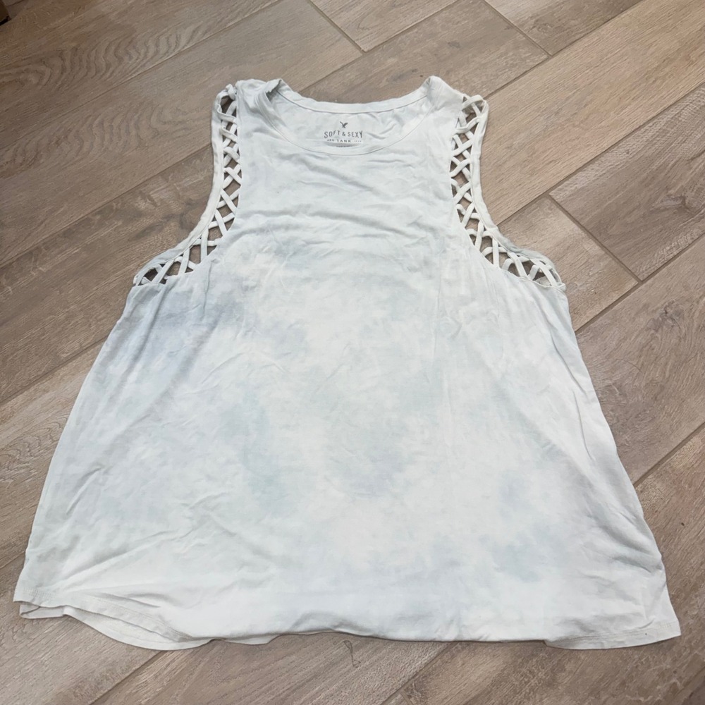 American Eagle Soft & Sexy Tank Top XL Green Tie Dye Lattice Strappy Sleeves